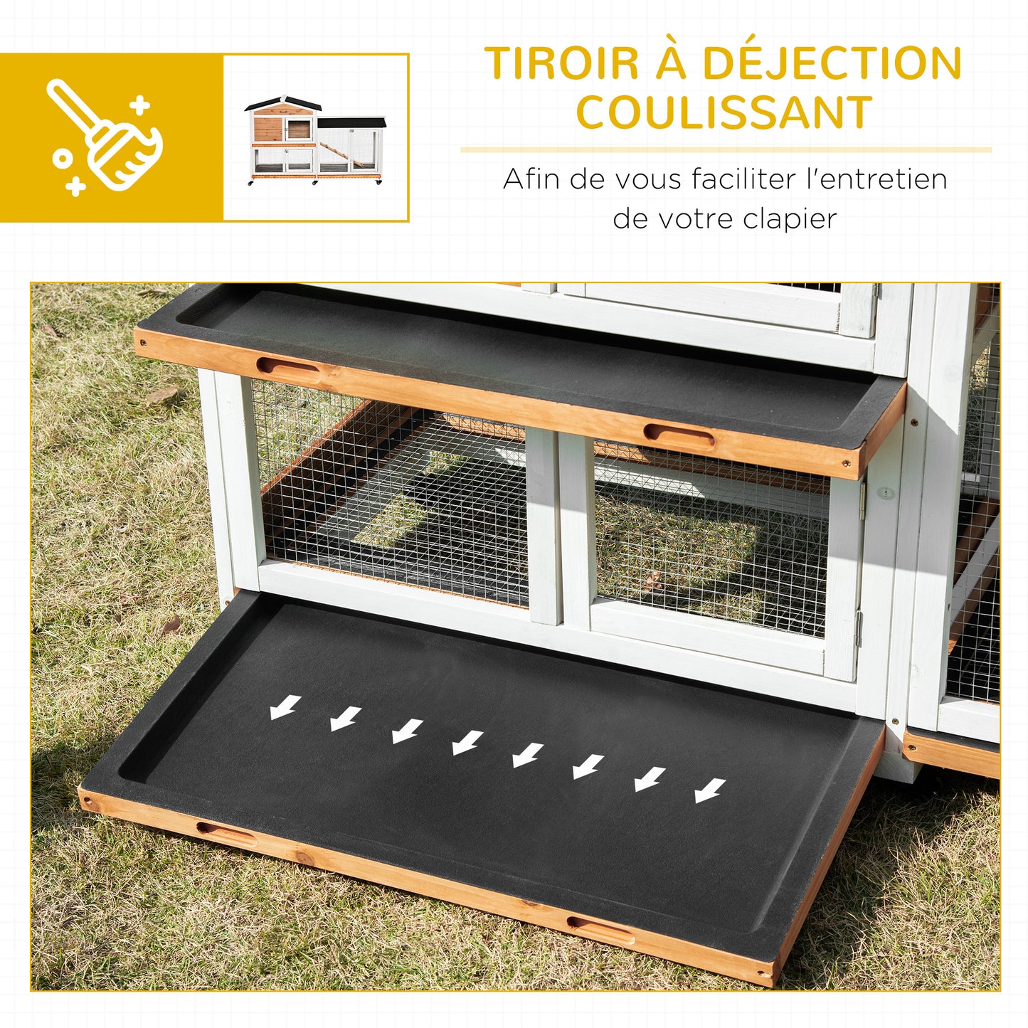 Konijnenren – Houten Knaagdierenhok – Buitenren – Knaagdierverblijf – Ren Op Wielen – 2 Niveaus – 3 Uittrekbare Schuifbakken – Geel – 157,4x53x99,5 cm – Waterafstotend