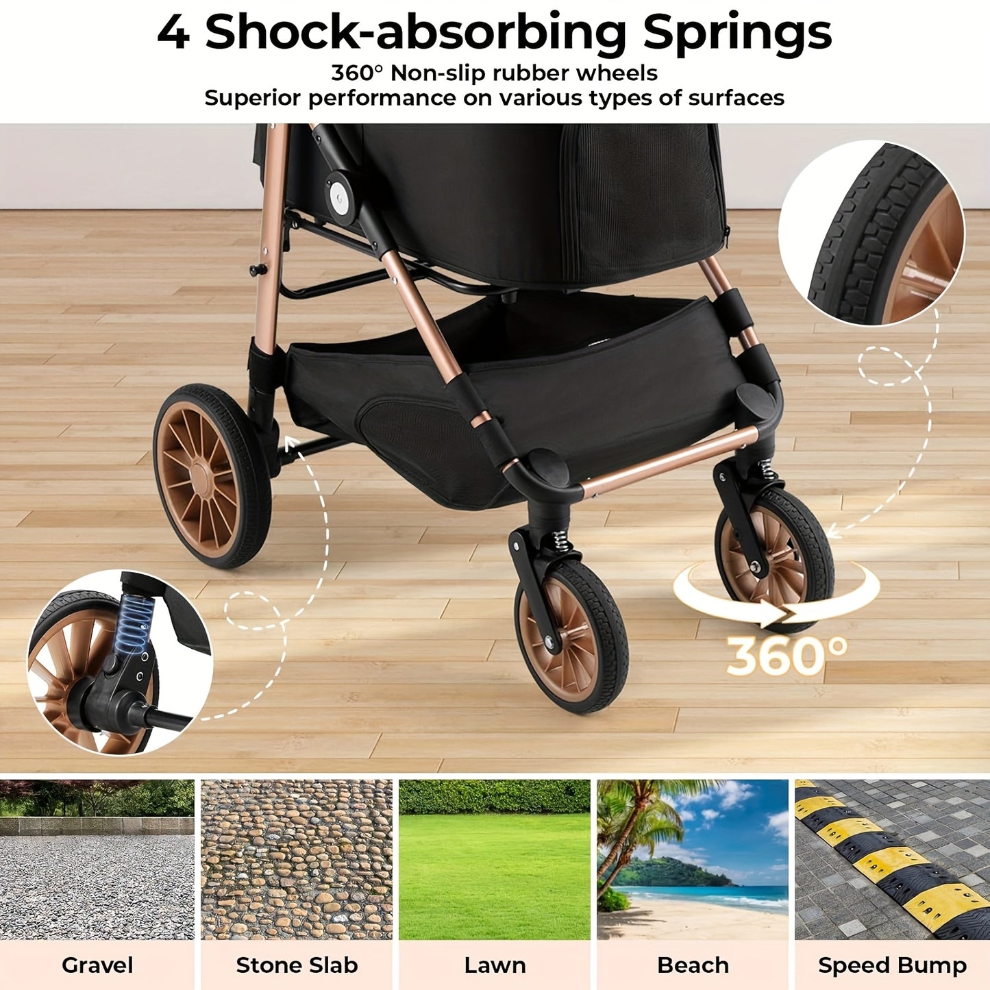 Huisdierenwagen – Dierenwagen – Hondenwagen – Kattenwagen – Draagmand – Champagne Golden + Zwart – 4-in-1 Multifunctioneel – Stevig Carbon Stalen Frame