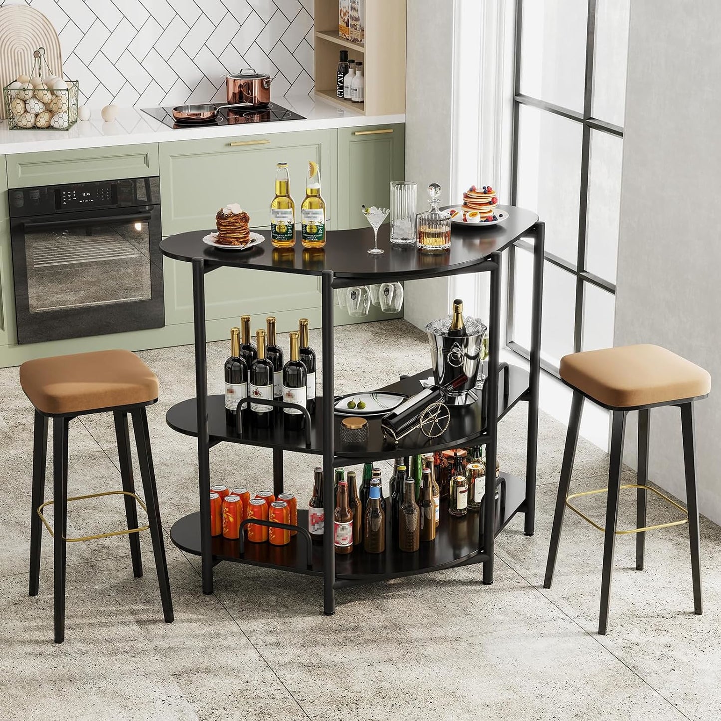 Homebar – Thuisbar – Mini Bar – Drankkast – Wijnrek – Industrieel Design – Metaal met Hout – 3 Laags Opbergruimte – Verstelbare Poten – 102 cm Hoog