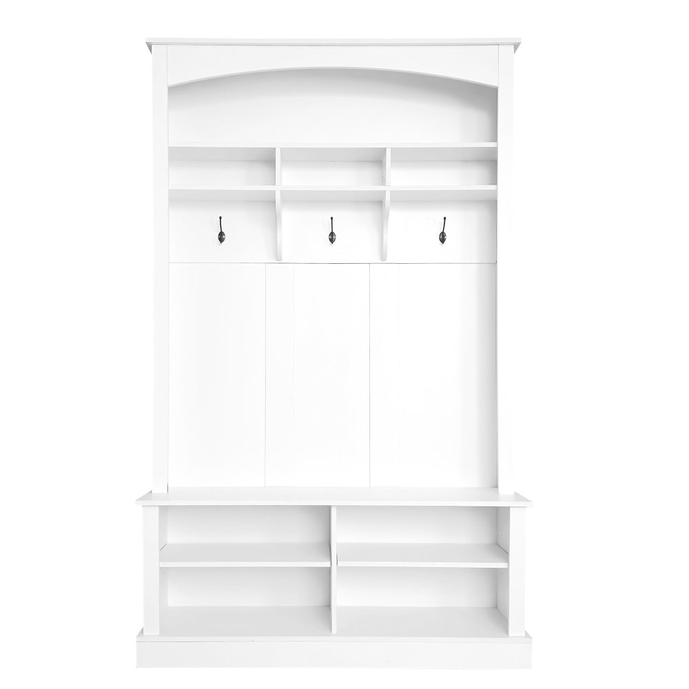 Halbankje – Halmeubel – Schoenenbank – Opbergbankje – Gangbank – Multifunctionele Opbergruimte – 3 Haakjes – Wit – H190 x B120 x D40 cm