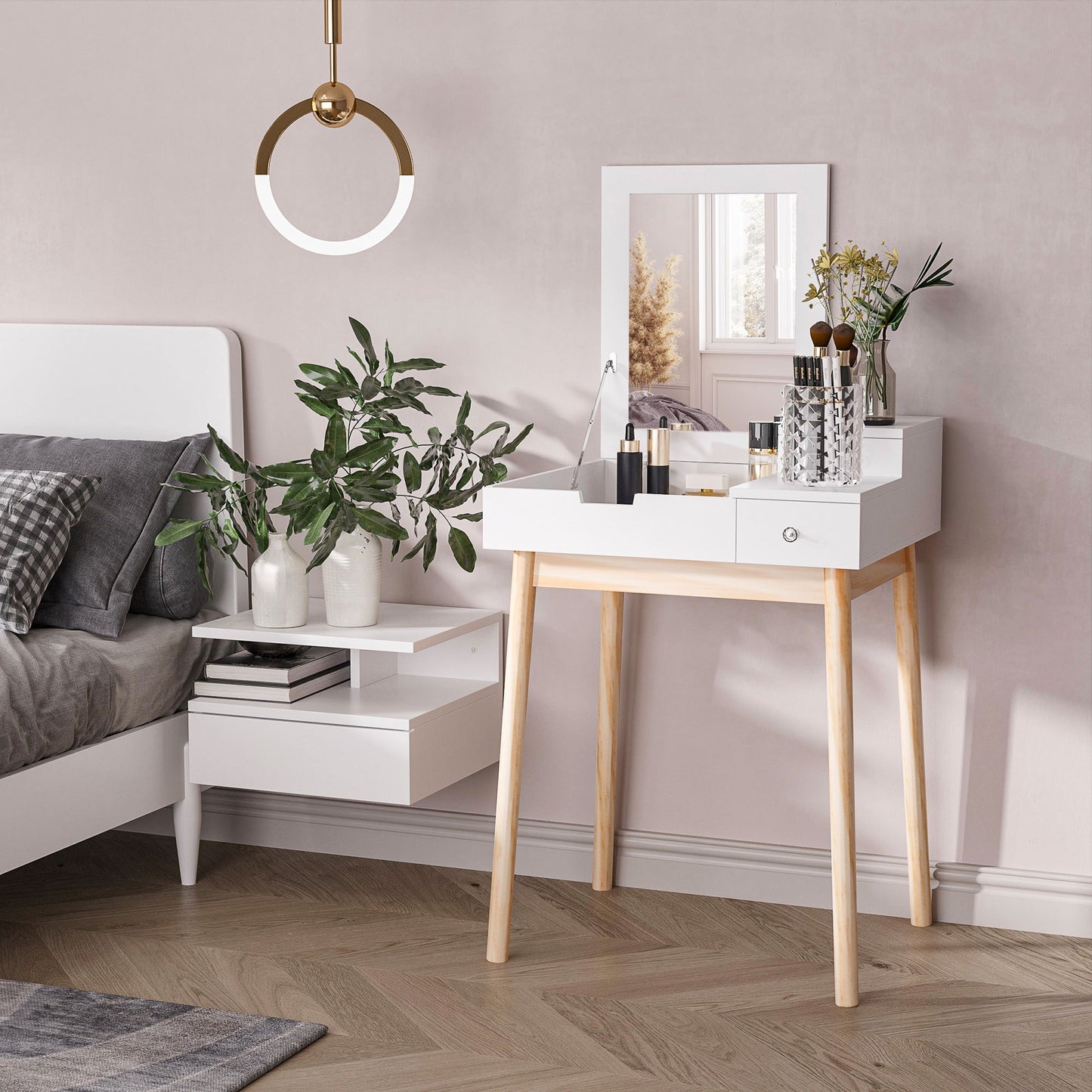 Kaptafel – Make-up Tafel – Vanity – Secretaire – Dressing Table – Scandinavisch Design – Vouwbare Spiegel – Ruime Opbergruimte – Wit MDF – Compact 60x50x86 cm