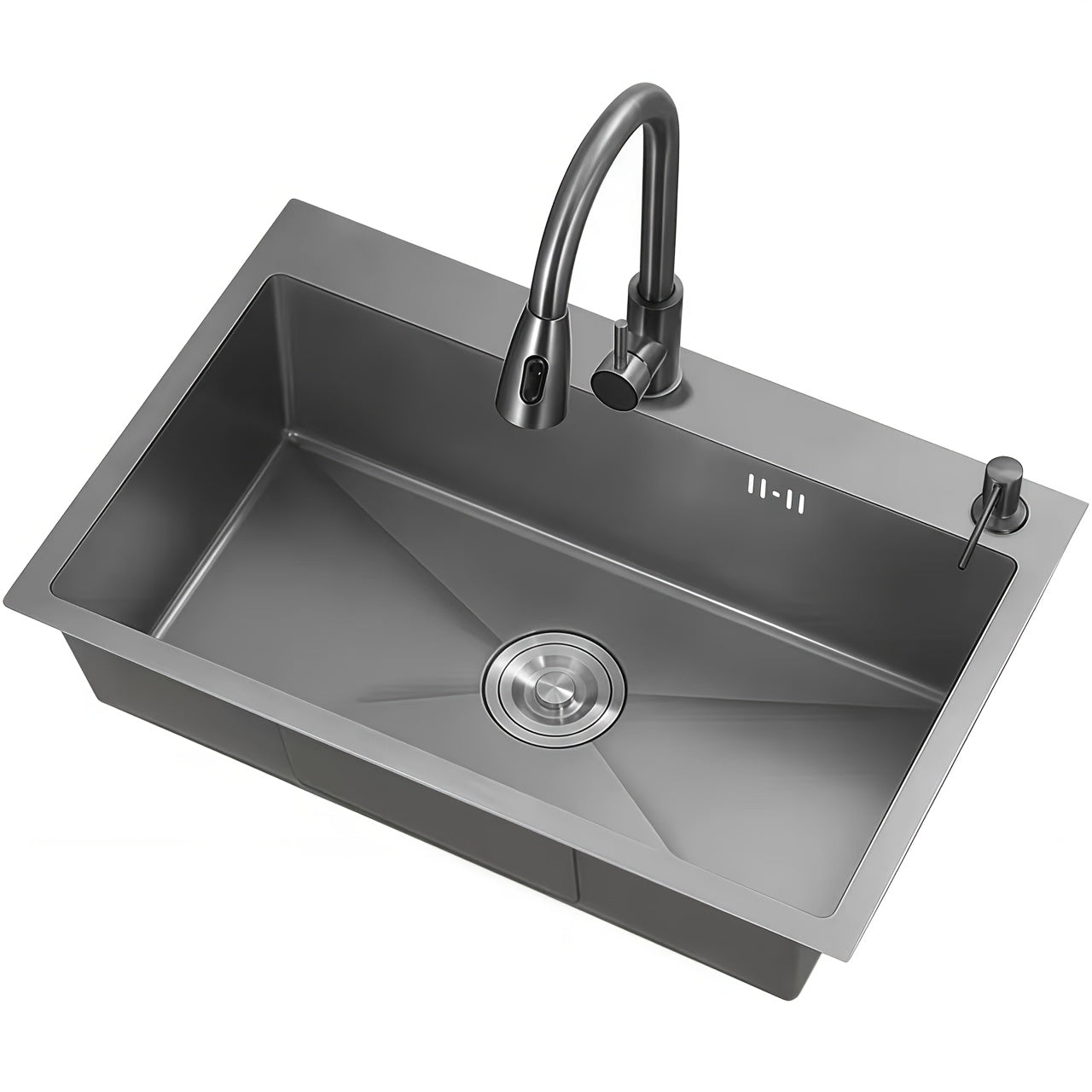 A Gray Stainless Steel Sink on The Table with Dimensions of 80X50X22Cm, a Handmade Sink with a Rotating And Extendable Faucet, Equipped with a Draining Basket And Soap Dispenser, Suitable for Kitchen And Bar Counters.