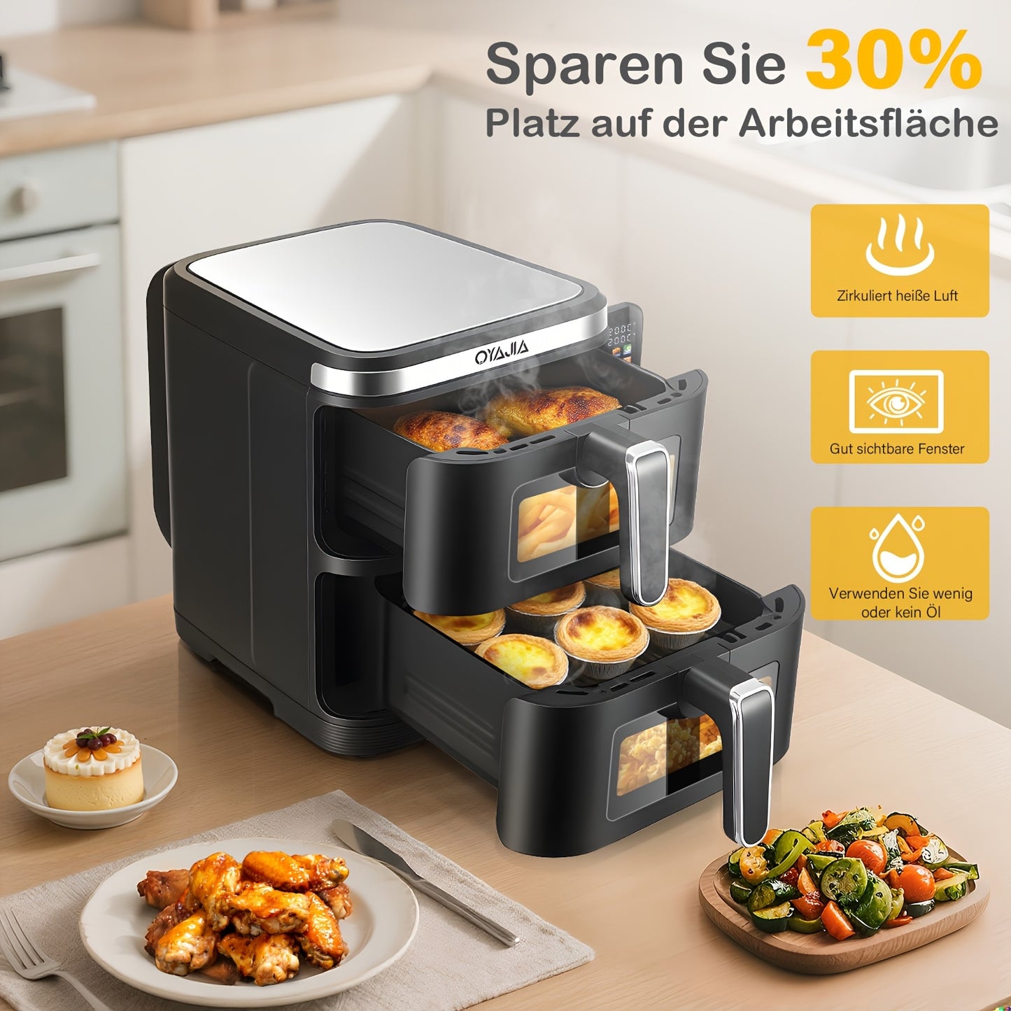 Airfryer – Heteluchtfriteuse – Dubbele Mand – Dubbele Lade – XXL Heteluchtoven – 11L Capaciteit – Verticaal Stapelbaar – PFAS-vrij – 2800W – 10 Kookprogramma’s – Sync & Match Functie