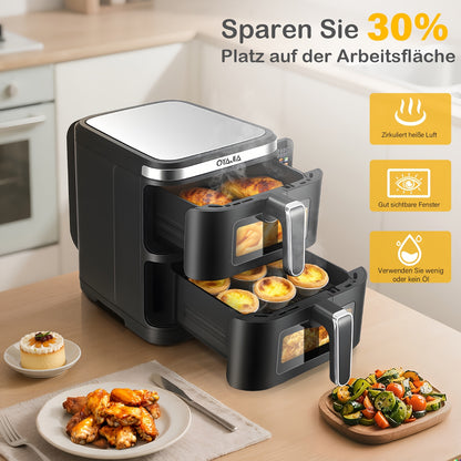 Airfryer – Heteluchtfriteuse – Dubbele Mand – Dubbele Lade – XXL Heteluchtoven – 11L Capaciteit – Verticaal Stapelbaar – PFAS-vrij – 2800W – 10 Kookprogramma’s – Sync & Match Functie