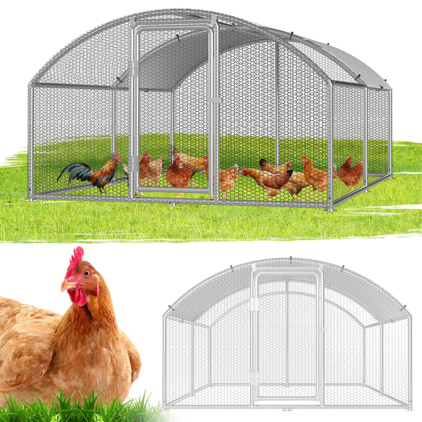 Chicken Coop Free-Range Enclosure, 3X2X2M/3X4X2M/3X6X2M/3X8X2M Galvanized Steel, Chicken House Dome Roof with Lock And Pe-Colored Tarpaulin, Easy to Clean, for Chicken Cage Bird Cage.