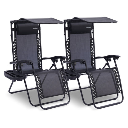 Verstelbare Tuinstoel – Loungestoel – Ligstoel – Balkonstoel – Strandstoel – Set Van 2 – Inklapbaar Met Zonwering – Afneembare Kussens En Bekerhouders – Zwart