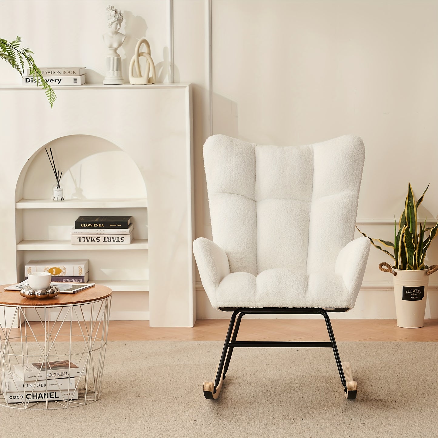 Witte Schommelstoel – Schommelstoel Loungestoel Relaxstoel Tuinstoel Stoel – Met Metalen Frame – Cross-Back Ontwerp – Comfortabele Katoenen Bekleding – Hoogwaardige Stevigheid