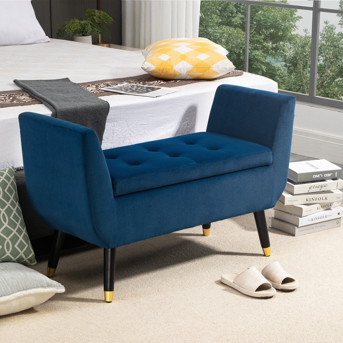Opbergbank – zitbank – bench – opbergmeubel – zitkist – Velvet-Look Bekleding – Ruime Opbergruimte – Massief Houten Poten – Blauw – 107x42x65 cm