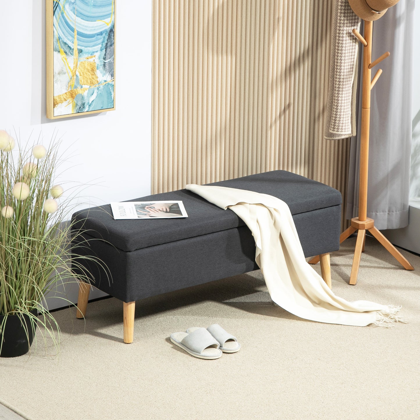 Gestoffeerde Bank – Opbergbank – Zitbank – Bedbank – Linnen Bank – Donkergrijs – Rubberhouten Frame – Compact 110x39x45 cm