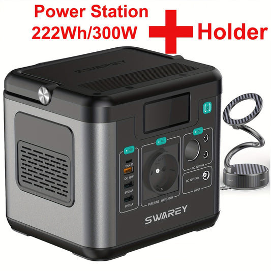 SWAREY Portable Power Station | 222 Wh Lithium Batteries, 300 W (Peak 600 W) AC Output, 65 W USB-C Port, Solar Power Bank for Outdoor, Camping, Travel, Fishing, Motorhome