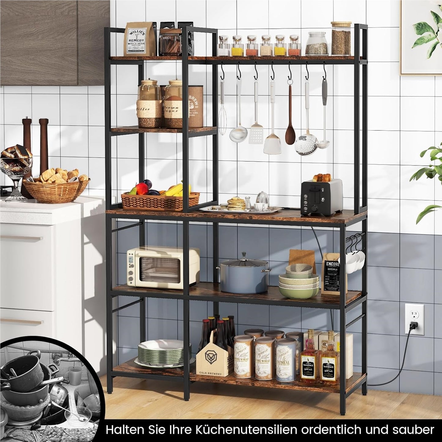 Keukenkast – Opbergkast – Rek – Plankenkast – Opbergmeubel – 5-laags Met Stopcontacten – Vintage Bruin Met Metalen Frame