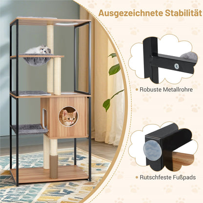 Kat Krabpaal – Krabboom – Klimmeubel – Kattenmeubel – Speeltoren – 160cm Hoog – Met Hangkussen En Sisal Krabpost – Natuurlijke Grijs Zwart Variant