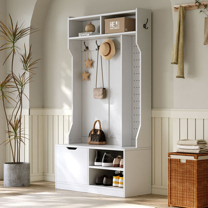 Garderobekast – Kledingkast – Halmeubel – Opbergkast – Kapstok – Wit – Met Bankje – 6 Haken – Ruimtebesparend – Eenvoudige Montage Zonder Gereedschap – 100x186x40 cm