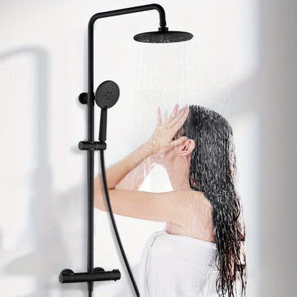 Regendouche Set – Doucheset – Thermostatische Douche – Handdouche – Badkamerkraan – Mat Zwart – Constante Temperatuur – Krasbestendig & Duurzaam Materiaal