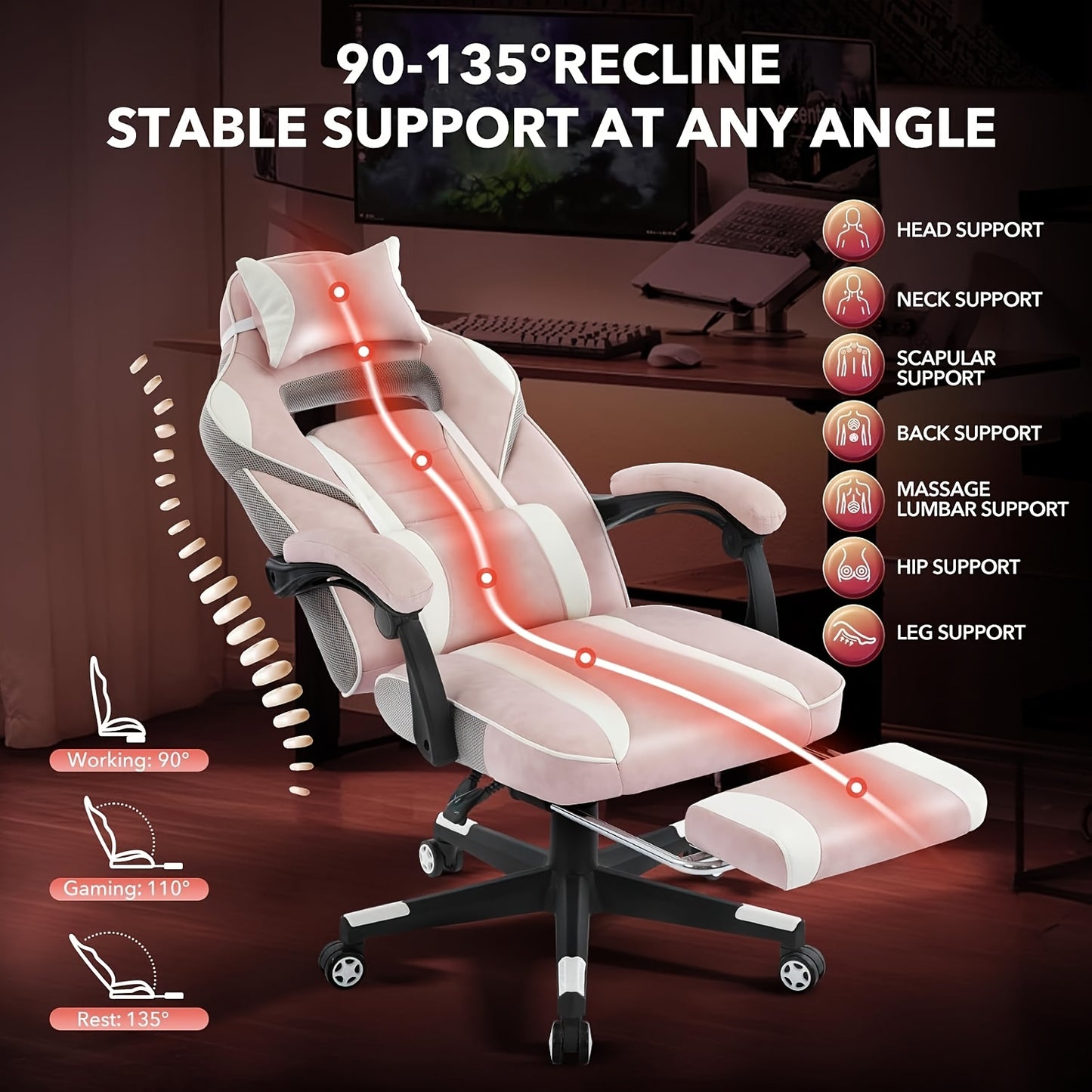 Gamingstoel – Gamenstoel – Bureaustoel – Speelstoel – Ergonomische Fauteuil – Verstelbare Hoogte – Massagefunctie Rugsteun – Voetsteun – Draagvermogen 136 kg – PU Leer