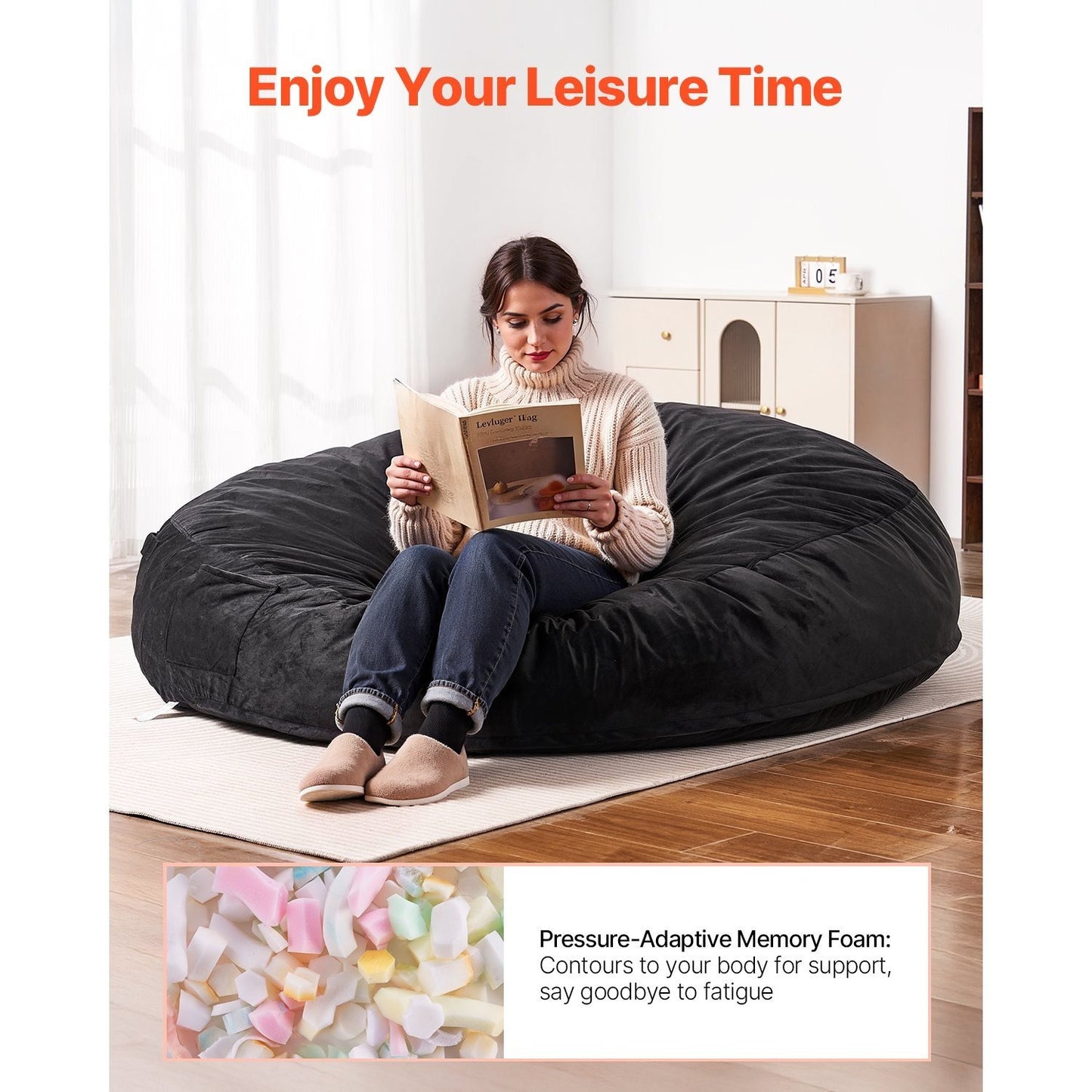 Zitzak – Beanbag – Loungestoel – Poef – Fauteuil – Memory Foam Vulling – Afneembare Wasbare Polyester Hoes – Zwart