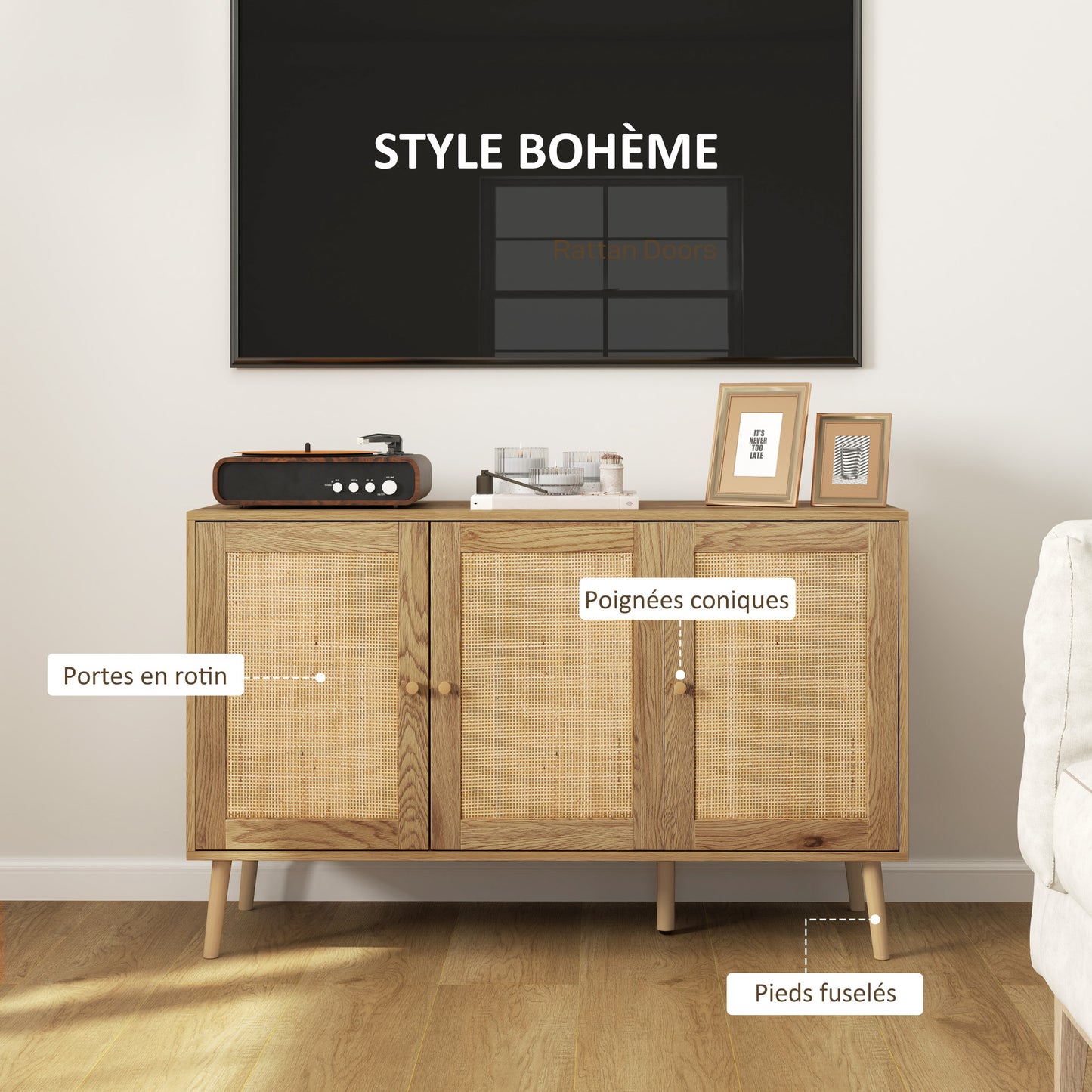 Buffet – Dressoir – Opbergkast – Ladekast – Wandmeubel – Natuurlijk Hout – Rotan Deuren – Verstelbare Planken – 120x40x75 cm