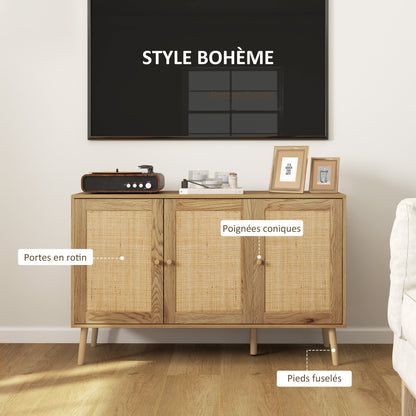 Buffet – Dressoir – Opbergkast – Ladekast – Wandmeubel – Natuurlijk Hout – Rotan Deuren – Verstelbare Planken – 120x40x75 cm