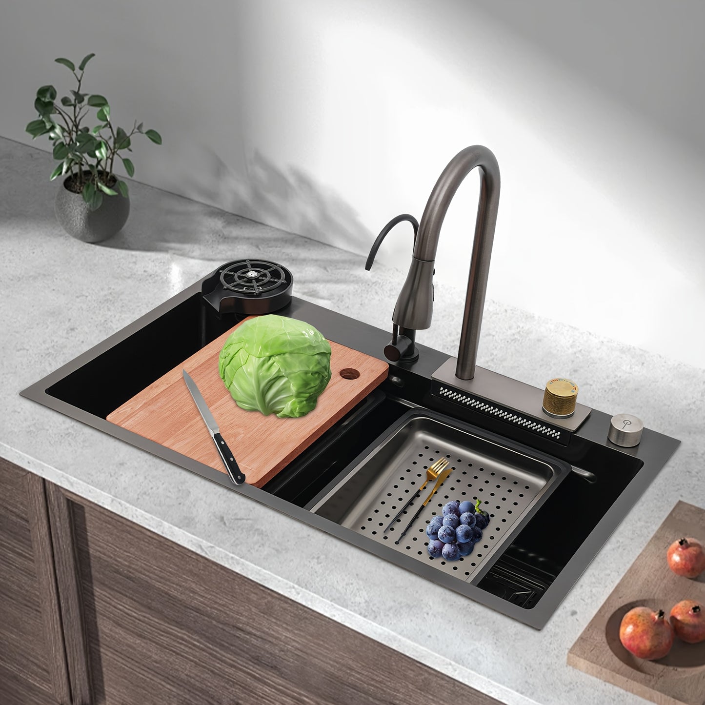 RVS Keukenspoelbak – Keukenspoelbak – Spoelbak – Keukenspoelbak Met Kraan – Spoeltafel – 80cm Diepe Wastafel – 3 Waterstanden Met Uittrekbare Kraan