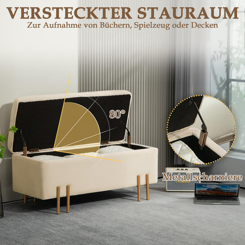 Opbergbank – Opbergbank – Zitbank – Opberghocker – Opbergmeubel – Beige Fluwelen Bekleding – Gouden Metalen Frame