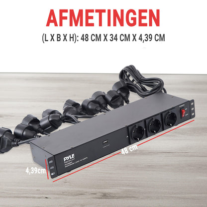 Stekkerdoos – Stroomverdeler – Aansluitunit – Stopcontacten – Multistekker – 16 Vaste Uitgangen – Ingebouwde USB 5V/2A – Overspanningsbeveiliging – 4,57m Kabel – 1U Rackmount