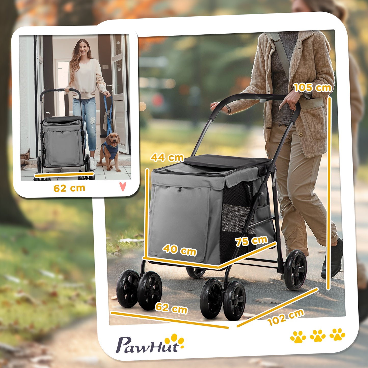 Hondenwagen – Hondenbuggy – Hondenwagen Opvouwbaar – Huisdierenwagen – Dierenwagen – Stevig Stalen Frame – Afneembaar Wasbaar Kussen – Grijs