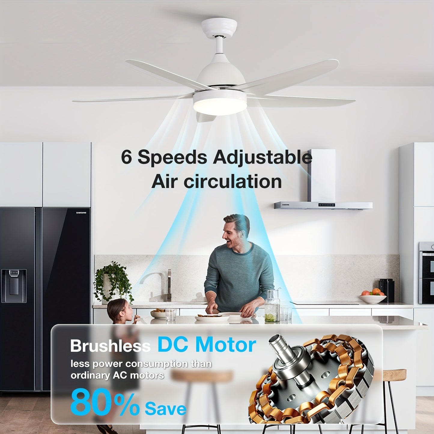 Plafondventilator – Ventilator – Plafondventilator Met Verlichting – Muurventilator – Koelventilator – Wit – 132 Cm Groot – Reversibele DC Motor – Instelbare LED Verlichting Met Afstandsbediening