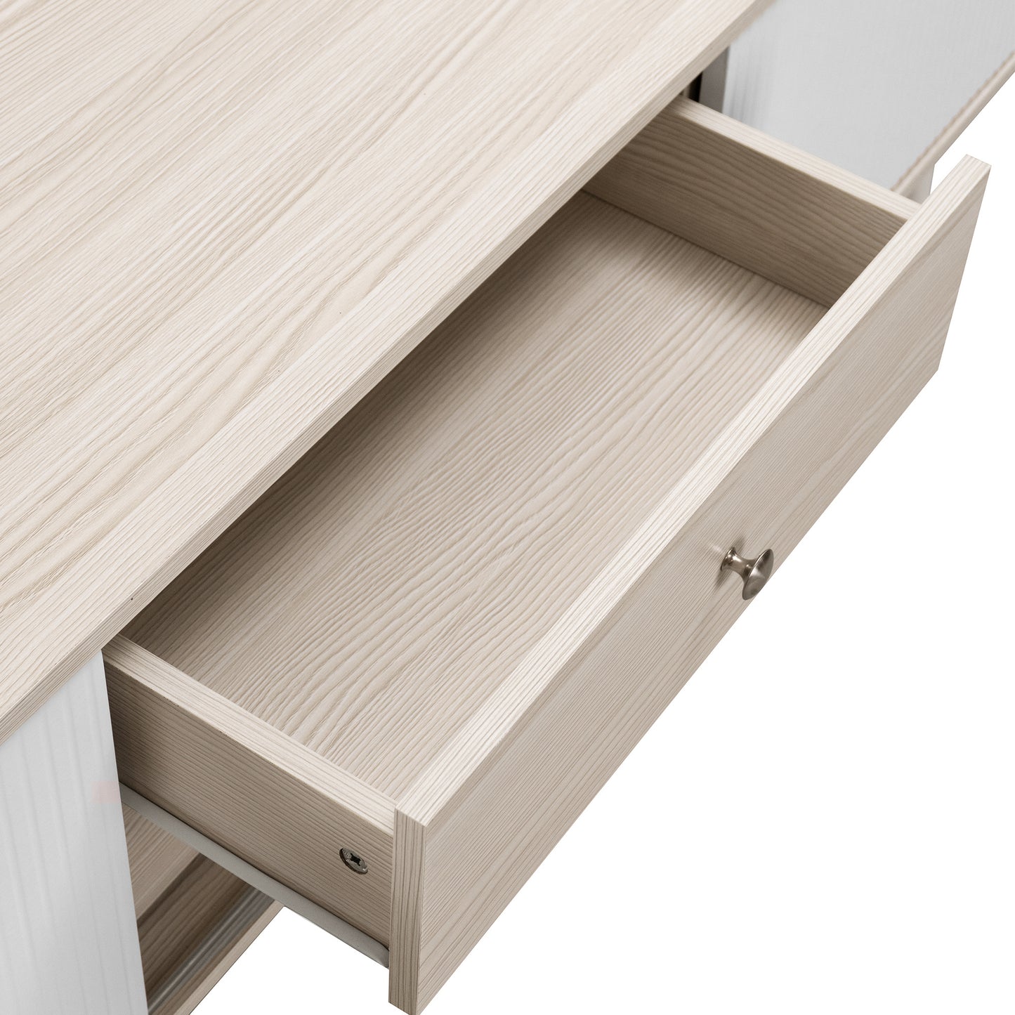 Tv-meubel – Tv-kast – Lowboard – Mediameubel – Tv-dressoir – Wit en Houtlook – 160 cm Breedte – Gestreepte Schuifdeuren met Lades