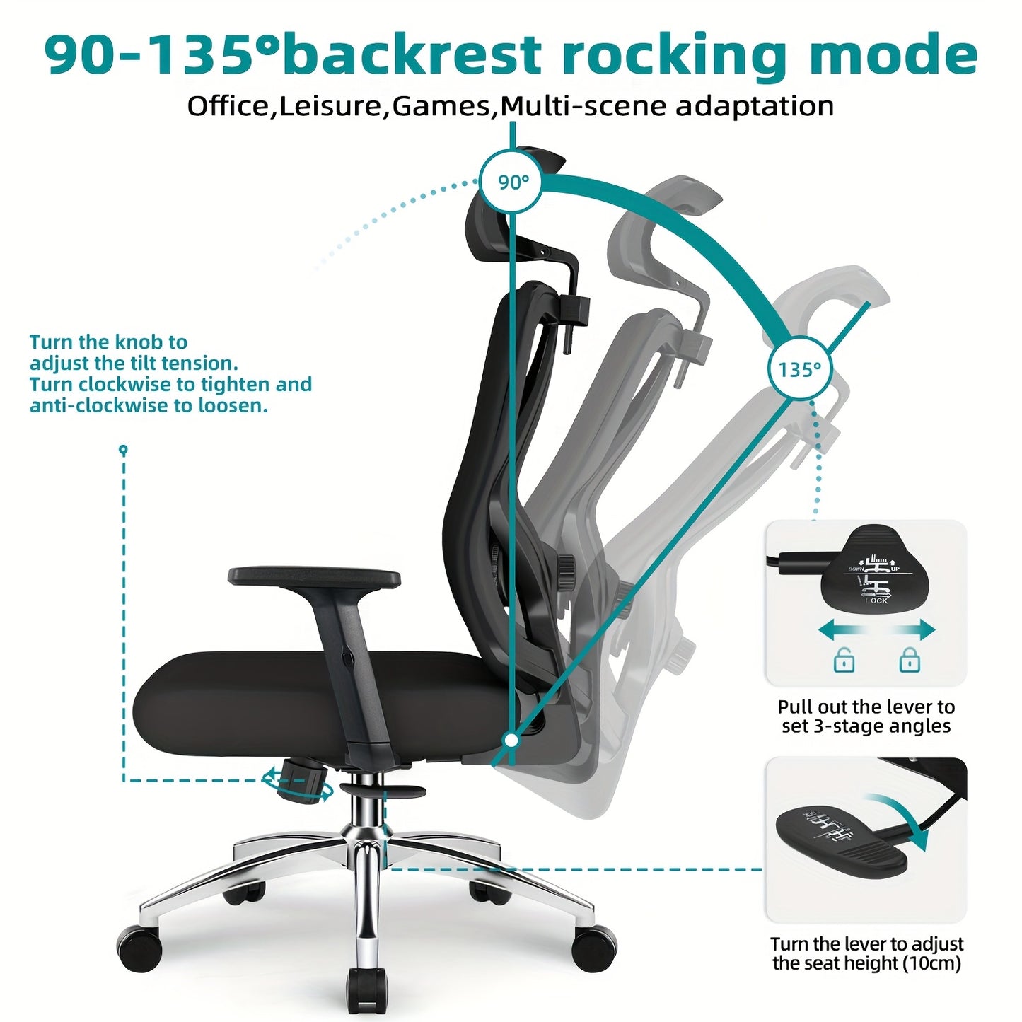 Bureaustoel – Office Chair – Gamestoel – Draaistoel – Bureaustoelen Voor Volwassenen – Ergonomisch Design – Verstelbare Lendensteun & Hoofdsteun – Roestvrij Stalen Frame – Kantelfunctie 135° – Geschikt Voor Harde Vloer