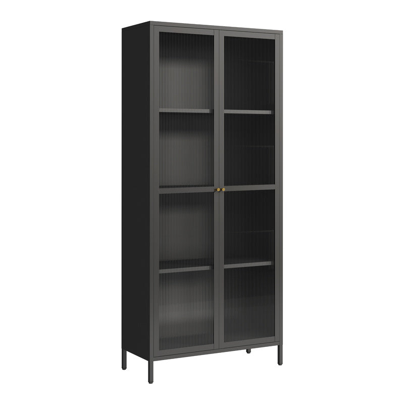 Vitrinekast – Vitrinekasten – Opbergkast – Displaykast – Glasdeurkast – Zwart – Staal – 180x80x35 cm – 4 Legplanken – Geribd Glas