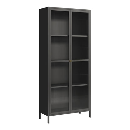 Vitrinekast – Vitrinekasten – Opbergkast – Displaykast – Glasdeurkast – Zwart – Staal – 180x80x35 cm – 4 Legplanken – Geribd Glas