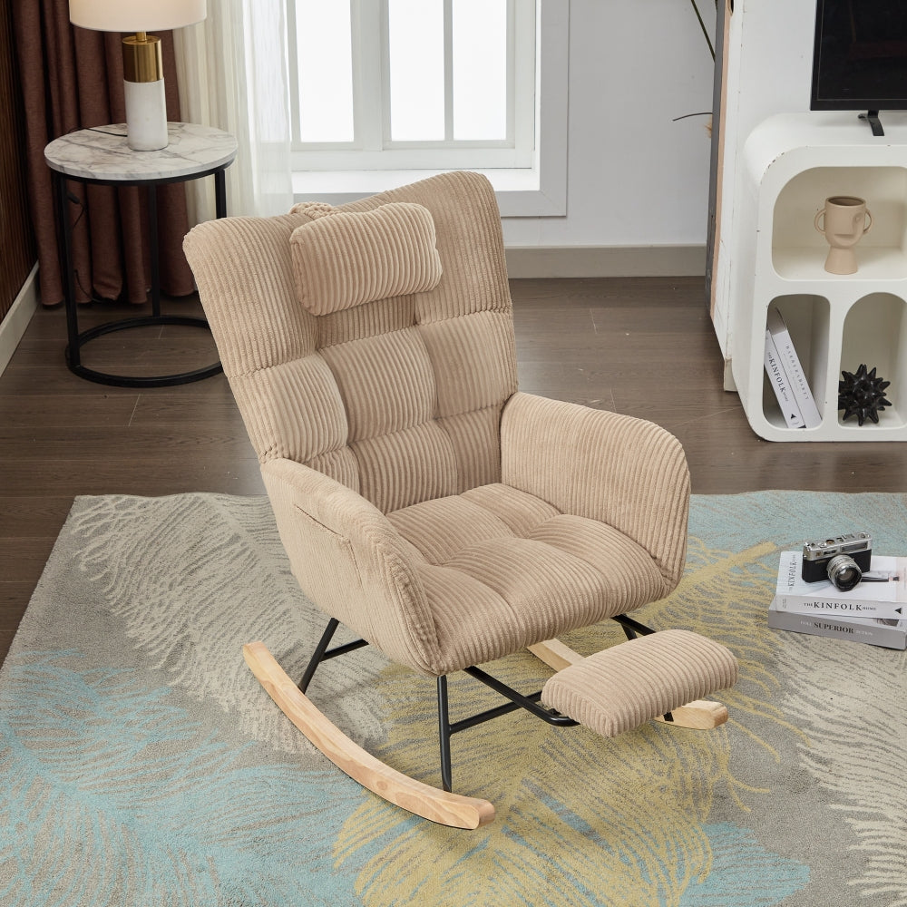 Rocking Chair with Invisible Rocker Base & Neck - Soft Upholstered High-Back Brown Armchair, - Padded Seat, Easy Assembly, Durable Metal-Free Fabric for, & Room (No Wood)