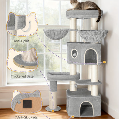 for large Cat Tree Tower for Indoor Cats - Multi-Level Cat Activity Center with Scratching Post, 3 Perches, 2 Caves, Lookout Deck & Pompom - Sturdy Cat House Furniture with Soft Cushioned Platforms, Dangling & Hanging Platfor - QUORE