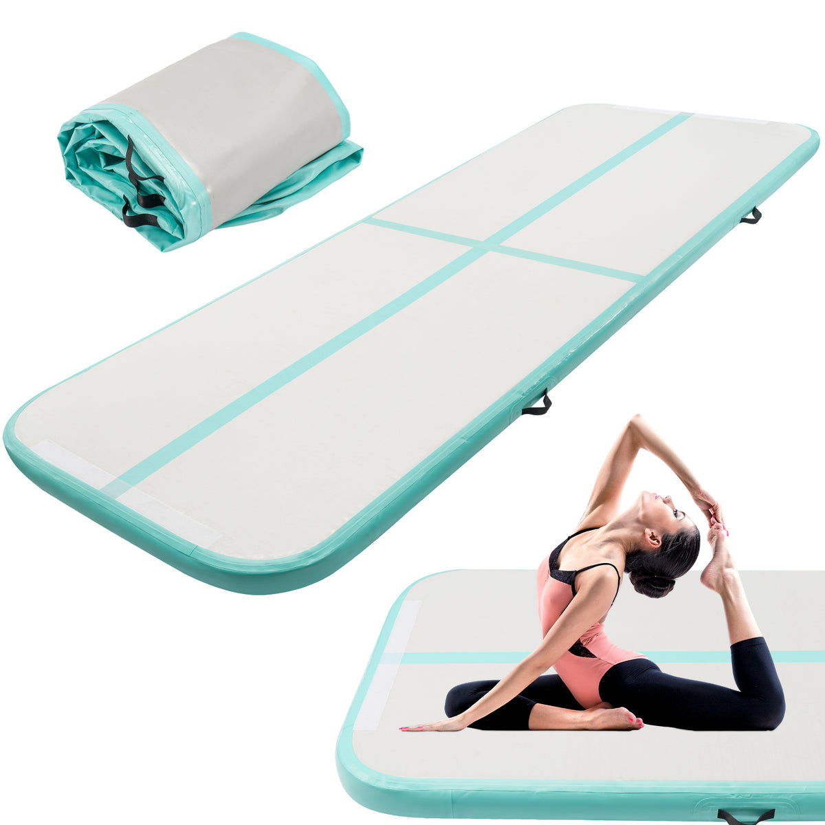 10FT PVC Air Mat | 3m×1m×10cm Inflatable Tumbling Gymnastics Mat for Yoga Training, Solid Color in, Purple, Fluorescent Green - Youyijia