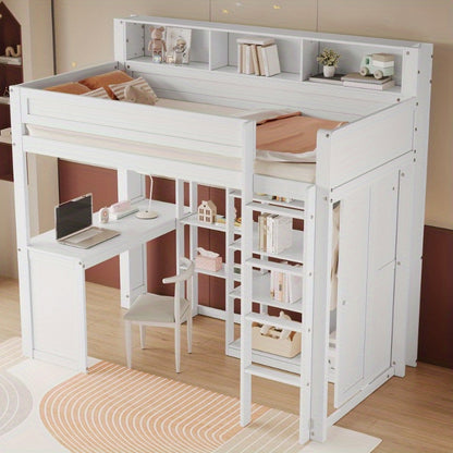 Hoogslaper – Stapelbed – Kinderbed – Eenpersoonsbed – Multifunctioneel Bed – Ingebouwd Bureau & Kledingkast – Ruimtebesparend Ontwerp – Stevig Wit Hout 90x200 cm