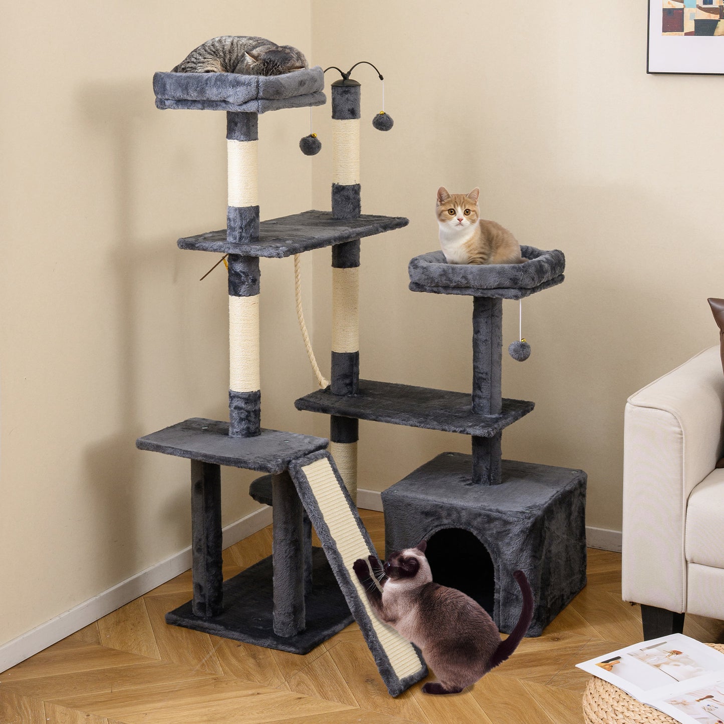 Krabpaal – Kattenboom – Kattenklimpaal – Krabmeubel – Kattenhuis – 7 Niveaus – Plush Met Grip-palen