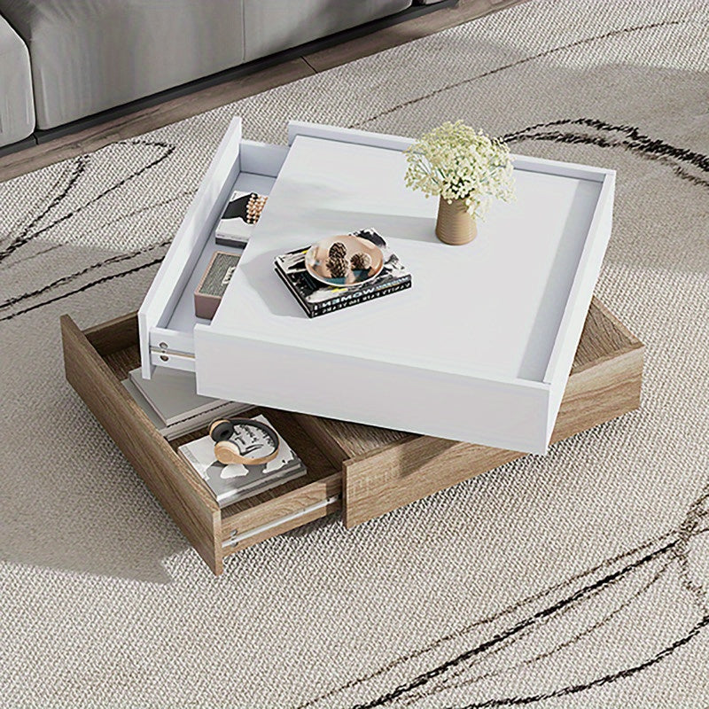 Salontafel – Koffietafel – Woonkamertafel – Draaibare Tafel – Opbergtafel – 360° Draaibaar Bovenblad – Walnoot Frame Met Wit Tafelblad
