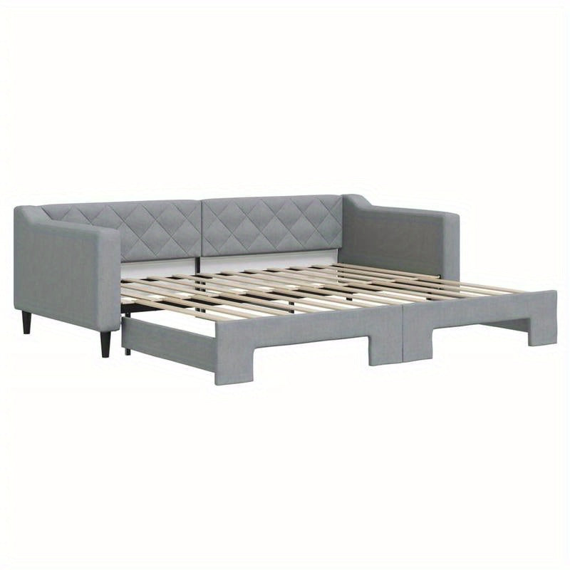 Slaapbank – Bedbank – Bankbed – Logeerbed – Opklapbed – Lichtgrijs Stof – Uitschuifbaar 90x200 cm – Massief Hardhouten Frame