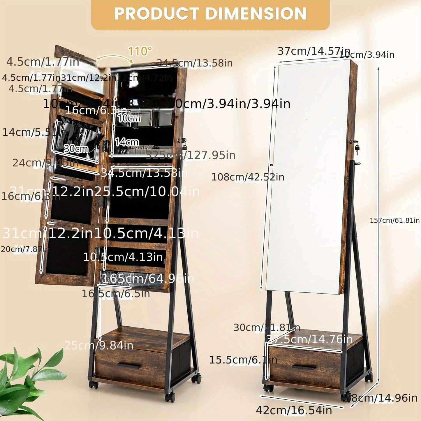 Sieradenkast – Spiegelkast – Juwelenkast – Opbergkast – Staande Passpiegel – Met Lade – Met 72 Oorbellenplaatsen – Metaal & MDF – 42x38x157 cm – Bruin