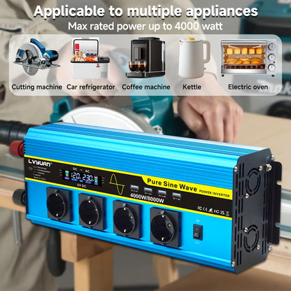 Zuivere Sinusomvormer – Power Inverter – Spanningsomzetter – Stroomomvormer – Omvormer 24V 8000W Pieken – LCD Display – Afstandsbediening – 4 AC Stopcontacten – 4 USB Poorten