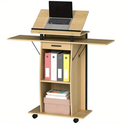 Bureau – Computertafel – Werkplek – Bureautafel – Schrijfmeubel – Verrijdbaar Met Wieltjes – Inklapbare Zijpanelen – Massief Hout Eiken Look – Stevige A-Frame Constructie
