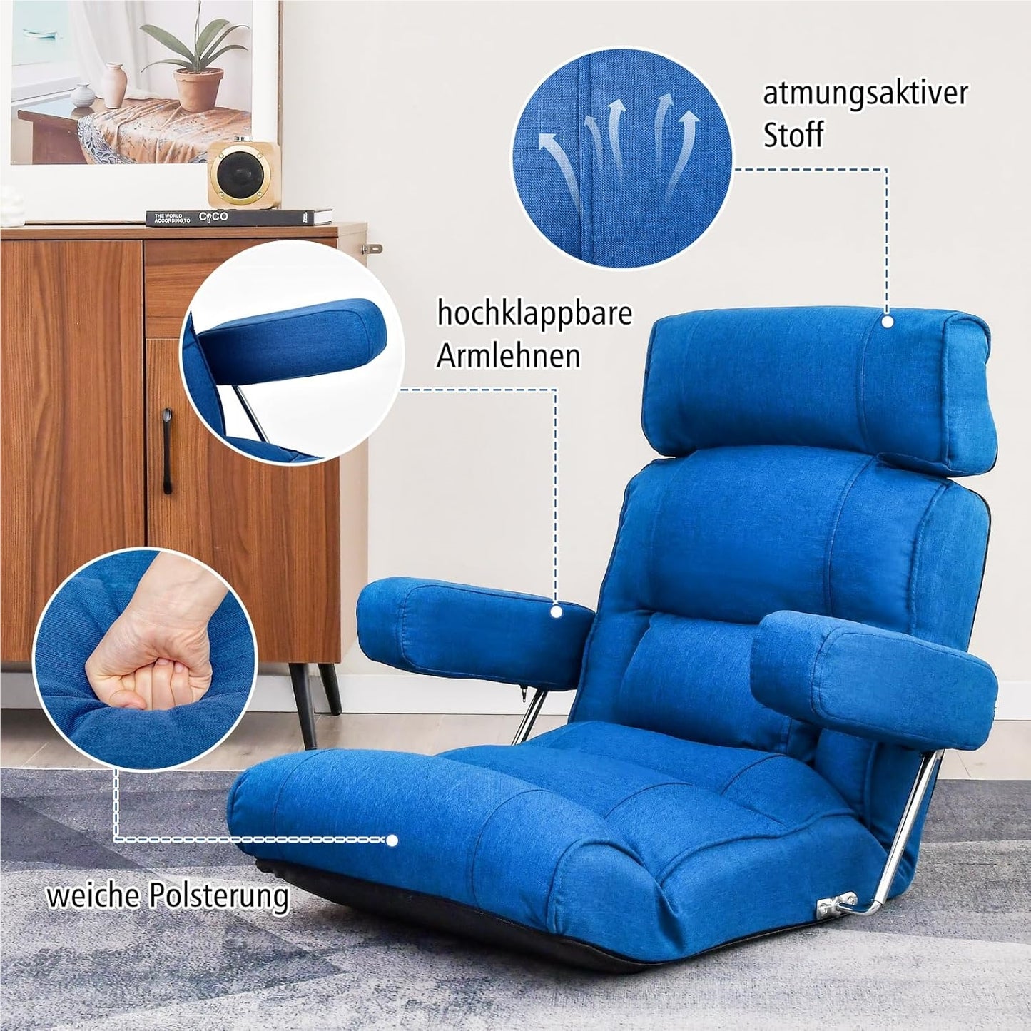 Vloerstoel – Zitzak – Meditatiestoel – Gamingstoel – Relaxfauteuil – Verstelbare Rugleuning 90-180° – Inklapbare Armleuningen – Blauw