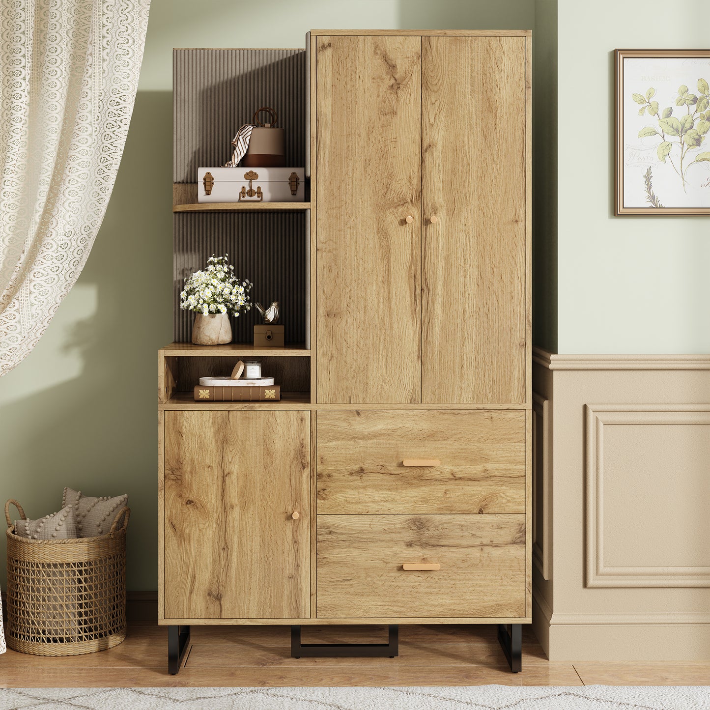 Halmeubel – Garderobekast – Halkast – Schoenenkast – Opbergkast – Compact Design – MDF Met Stoffen Panelen – 110x38x186 cm – Natuurlijke Houtlook