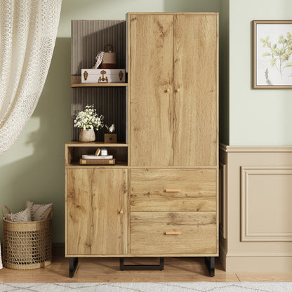 Halmeubel – Garderobekast – Halkast – Schoenenkast – Opbergkast – Compact Design – MDF Met Stoffen Panelen – 110x38x186 cm – Natuurlijke Houtlook