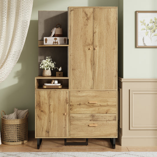 Halmeubel – Garderobekast – Halkast – Schoenenkast – Opbergkast – Compact Design – MDF Met Stoffen Panelen – 110x38x186 cm – Natuurlijke Houtlook