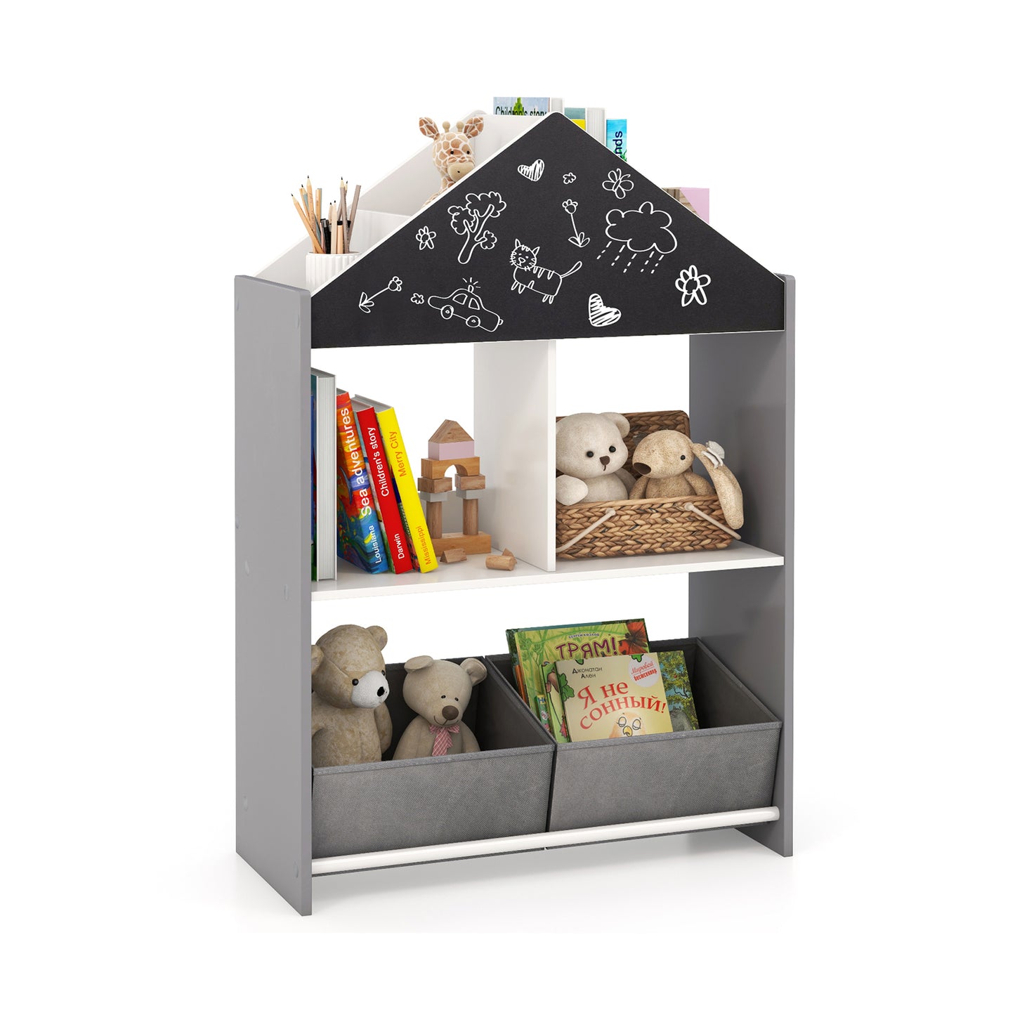 Kinderboekenkast – Kinderboekenrek – Speelgoedkast – Boekenplank – Opbergkast – MDF Hout – Krijtbord & Whiteboard – 4 Vakken & 2 Stoffen Lades – Kindvriendelijk 90 cm Hoog