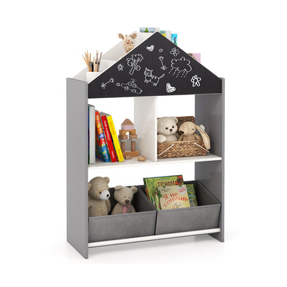 Kinderboekenkast – Kinderboekenrek – Speelgoedkast – Boekenplank – Opbergkast – MDF Hout – Krijtbord & Whiteboard – 4 Vakken & 2 Stoffen Lades – Kindvriendelijk 90 cm Hoog