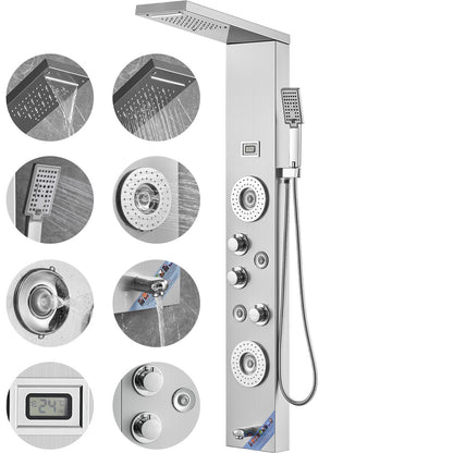 Douchepaneel – Regendouche – Douchekolom – Showerpanel – Douchepaneel 6-in-1 – 46 cm Breed – 304 Roestvrij Staal – LED Verlichting