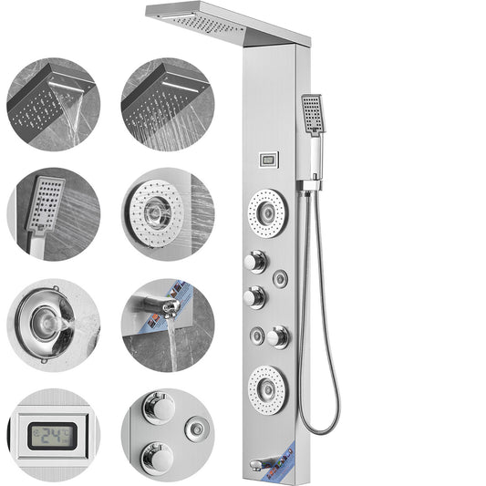 Douchepaneel – Regendouche – Douchekolom – Showerpanel – Douchepaneel 6-in-1 – 46 cm Breed – 304 Roestvrij Staal – LED Verlichting