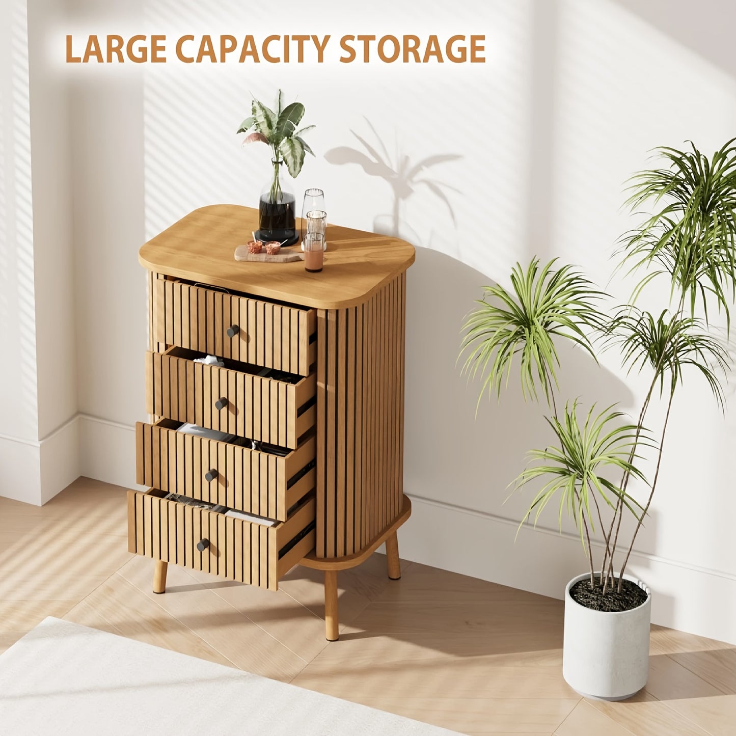 4-Drawer Dresser with Matte Black Handles & Wood Legs - Farmhouse Boho Wicker-Style Bedside Table, Spacious Storage Chest of Drawers, Space-Saving Design, Engineered Wood/MDF Construction, 60x40x79.7cm, Freestanding Nightstan